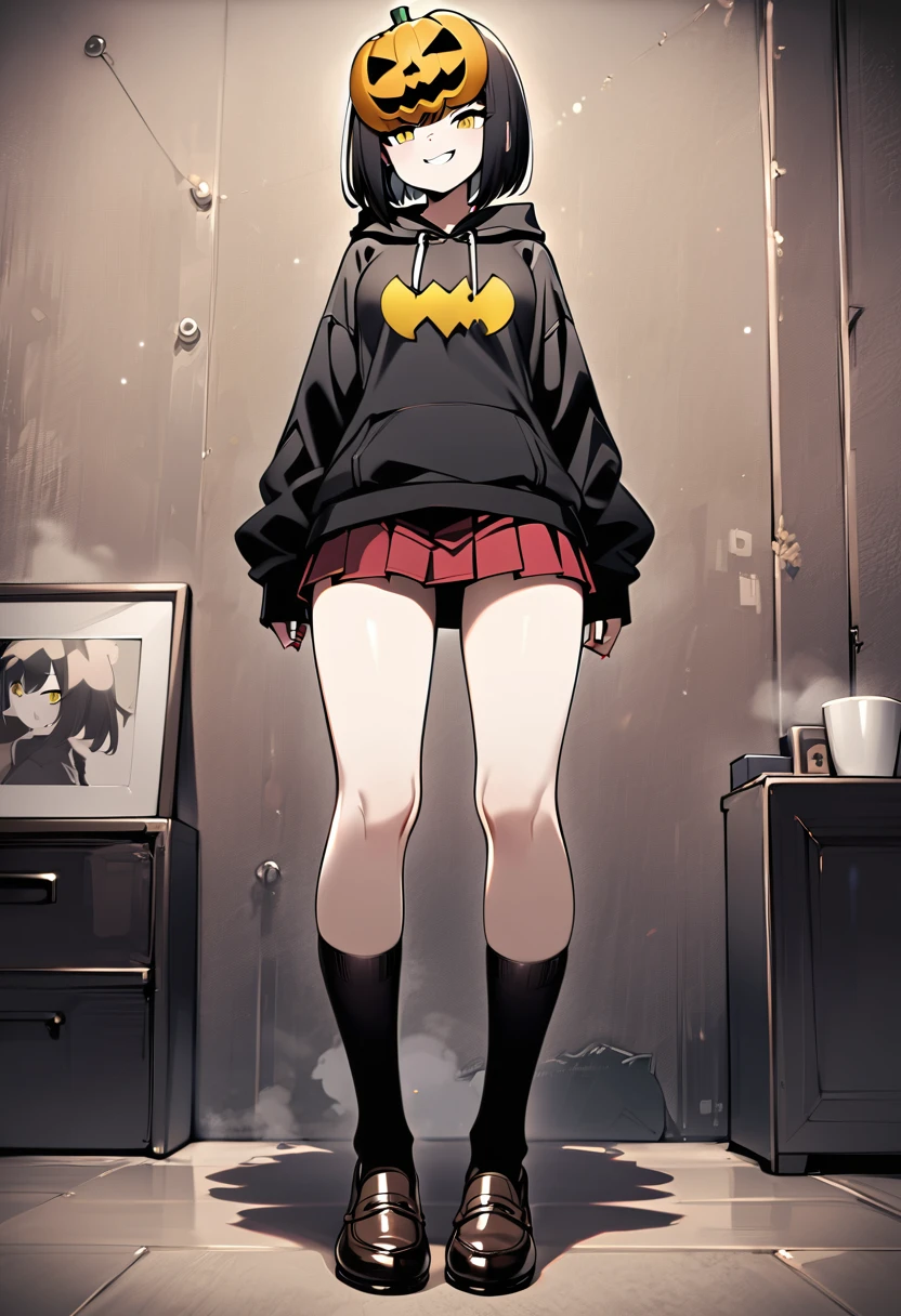 edgy girl, black hoodie, black hair, bob cut, red miniskirt, high socks, brown loafers, black pumpkin mask on the left side of her head with a yellow smile on it. Amazing quality, full body view, snarky grin