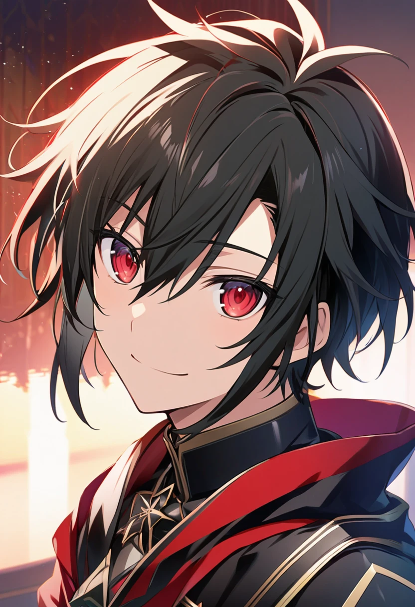 Hyakuya Yuuichiro \(AKB0048 Next Stage\), (short hair), (black hair), (ruby red eyes):1.2, black costume, soft expression, smiling gently, cape, ((ultra-detailed)), ((illustration)), (neat hair)), (beautiful detailed eyes), male, 1boy, ((imperial palace)), looking at viewer