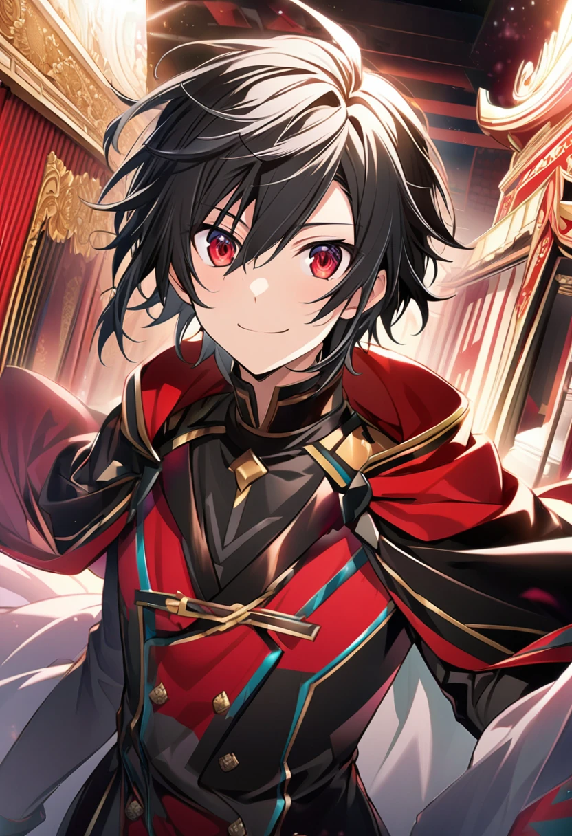 Hyakuya Yuuichiro \(AKB0048 Next Stage\), (short hair), (black hair), (ruby red eyes):1.2, black costume, soft expression, smiling gently, cape, ((ultra-detailed)), ((illustration)), (neat hair)), (beautiful detailed eyes), male, 1boy, ((imperial palace)), looking at viewer
