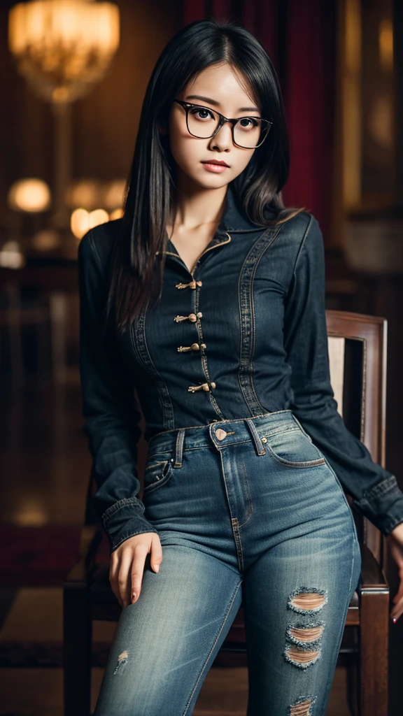 cute dark toned Chinese girl wearing glasses,tight jeans,sitting on a chair,legs crossed,detailed facial features,intricate clothing textures,cinematic lighting,moody atmosphere,photorealistic,8k,masterpiece