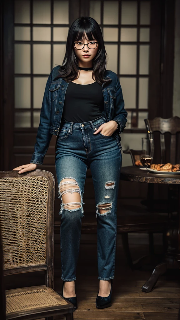 cute dark toned Chinese girl wearing glasses,tight jeans,sitting on a chair,legs crossed,detailed facial features,intricate clothing textures,cinematic lighting,moody atmosphere,photorealistic,8k,masterpiece