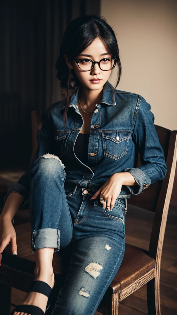 cute dark toned Chinese girl wearing glasses,tight jeans,sitting on a chair,legs crossed,detailed facial features,intricate clothing textures,cinematic lighting,moody atmosphere,photorealistic,8k,masterpiece