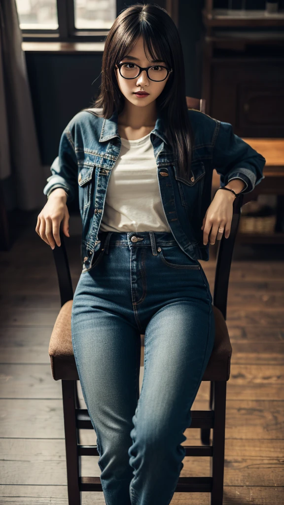 cute dark toned Chinese girl wearing glasses,tight jeans,sitting on a chair,legs crossed,detailed facial features,intricate clothing textures,cinematic lighting,moody atmosphere,photorealistic,8k,masterpiece