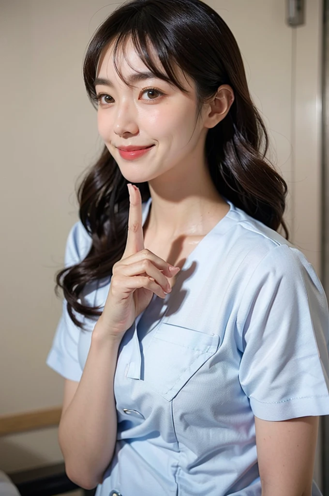 POV, (Cowboy shot:1.2), (masterpiece:1.3), high resolution, ultra detailed, extremely detailed CG unity 8k wallpaper, realistic, photo-realistic, RAW photo, beautiful detailed face, Korean woman, pale skin, realistic skin, detailed cloth texture, detailed hair texture, Perfect proportion, Beautiful Face, accurate, Anatomically correct, Highly detailed face and skin texture, natural neck length, (beautiful hands), (fair skin:1.2), Thin legs, Thin feet, BREAK Detailed eyes, symmetrical eyes, Light Brown eyes, Double eyelids, Thin eyebrows, (Glossy lips:1.4), (Goddess smile:1.2), BREAK (A Classy and Cute girl:1.3), (Wearing medical uniform:1.2), (medium large breasts:1.2), (slender figure), (Dark brown hair, wavy hair), ((Medium long hair, asymmetrical bangs:1.2)), (looking at viewer:1.2), From front, BREAK (finger smile:1.5), (hospital bed:1.2),