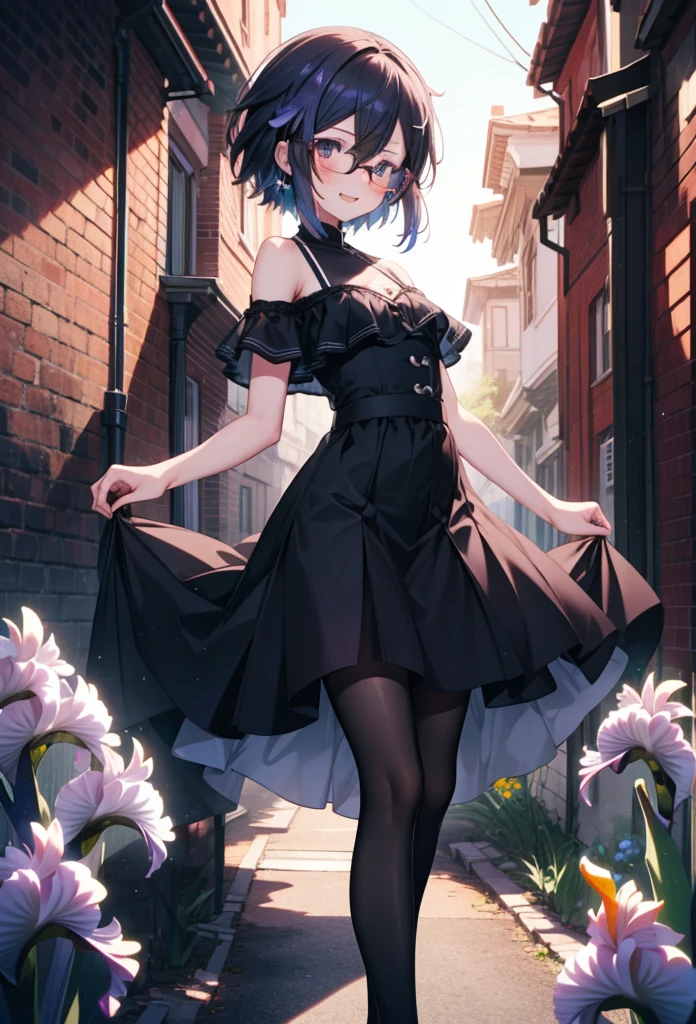 chino asada, Shino Asada, (Iris:1.5), Black Hair, Hair between the eyes, short hair, Side Lock, Glasses, (Small breasts:1.2),happy smile, smile, Open your mouth,blush,Cold shoulder tops,Short sleeve,Long skirt,Black pantyhose,Stiletto heels,Walking,whole bodyがイラストに入るように,
break looking at viewer,whole body,
break outdoors, Building district,
break (masterpiece:1.2), Highest quality, High resolution, unity 8k wallpaper, (figure:0.8), (Beautiful attention to detail:1.6), Highly detailed face, Perfect lighting, Highly detailed CG, (Perfect hands, Perfect Anatomy),