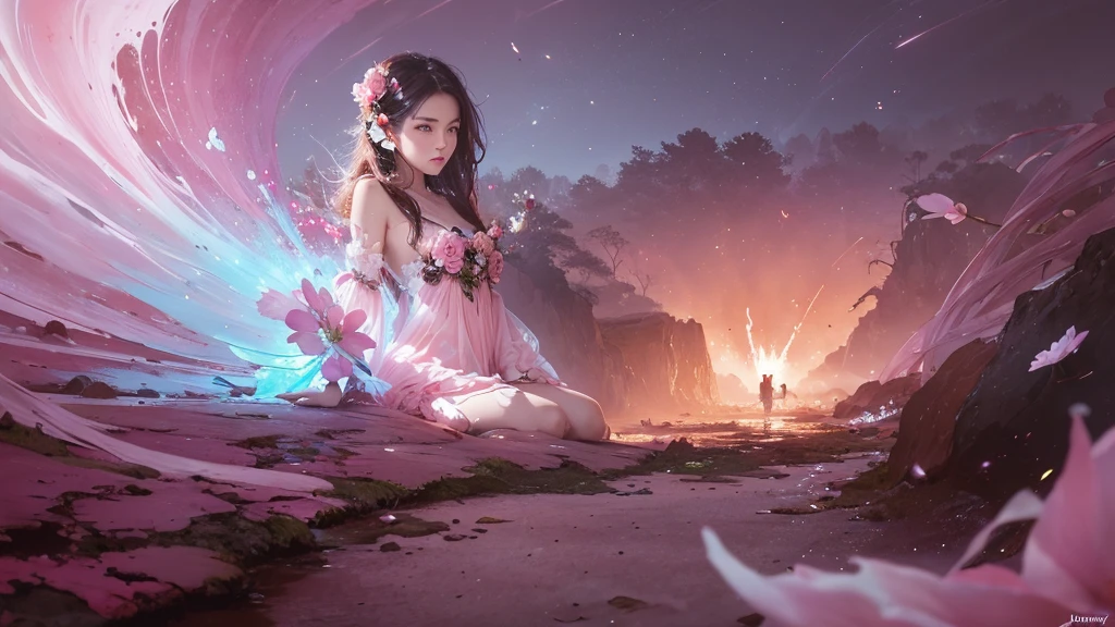 32k, Masterpiece, Highest quality, One girl, Detailed eyes, flower,Sandersonia, Pink and brown style,A dreamy, romantic piece,Pale pink, Mysterious Leaves,A playful arrangement,Fantasy,High Contrast,Ink strokes,explosion,Exposure, Impression of pink and brown tones,Abstract,((Watercolours by John Berkey and Jeremy Mann )) Brush strokes,Negative Space, Tyndall effect,