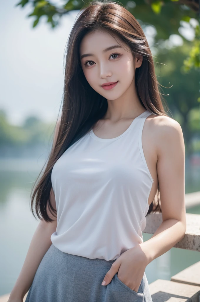 8K Super Resolution、Beauty、One Woman、Dark Brown Hair:1.1、Highly detailed face、Lips detail、important、(Eyes meet)、double eyelid、Princess Eyes、Beautiful Japanese Women、Beautiful Japanese Women、Sensual lips、Bewitching body、20th Generation、(21 years old)、far and near method、 Realistic Japanese women、Wearing a super realistic detailed tank top and mini skirt、Hair blowing in the wind、I can see your chest、Crisp images、The delicate sparkle of the eyes、Ultra-realistic detailed park with river、color々Hair style、Smiling with a nice smile、There is a thick fog in the background、Fantastic landscape、