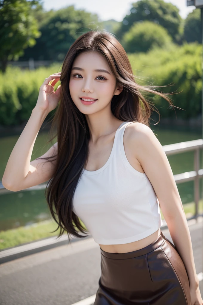 8K Super Resolution、Beauty、One Woman、Dark Brown Hair:1.1、Highly detailed face、Lips detail、important、(Eyes meet)、double eyelid、Princess Eyes、Beautiful Japanese Women、Beautiful Japanese Women、Sensual lips、Bewitching body、20th Generation、(21 years old)、far and near method、 Realistic Japanese women、Wearing a super realistic detailed tank top and mini skirt、Hair blowing in the wind、I can see your chest、Crisp images、The delicate sparkle of the eyes、Ultra-realistic detailed park with river、color々Hair style、Smiling with a nice smile、There is a thick fog in the background、Fantastic landscape、
