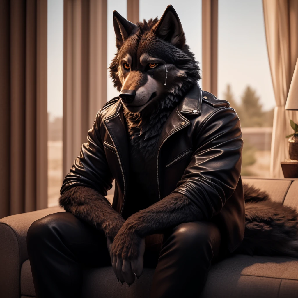 Posing, Male, 30 years old, sad face, crying, black leather jacket, anthro, sad wolf ears, (black fur:1.5), wolf, log cabit backgroud, 8k, hi res, (best quality, masterpiece), (wolf tail:1.5), detailed fur, sitting on couch