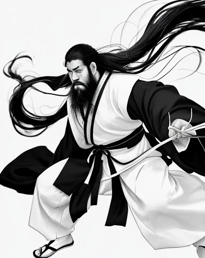 bloom, Monochrome, Ink Sketch, One boy, Asian (Middle-aged men), (Long beard, Facial hair), Combat Stance, View your viewers, Long Hair, Floating Hair, Hanfu, Chinese clothing, Long sleeve, (Abstract ink splashes:1.2), White Background