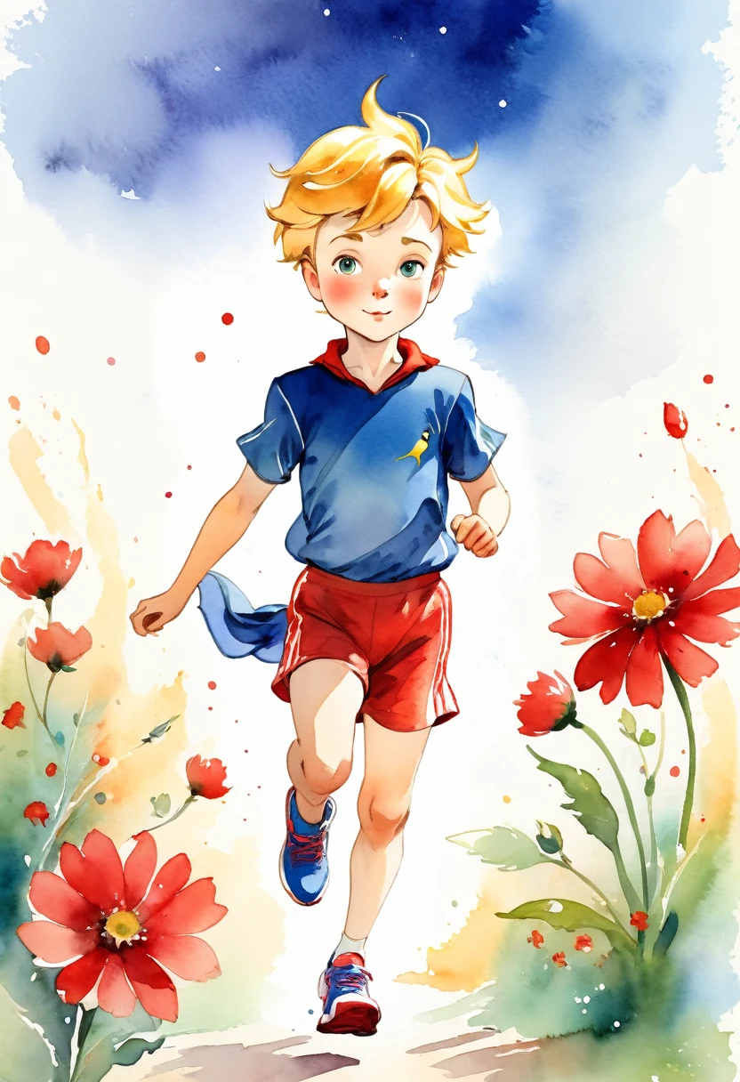 The Little Prince holding red flowers, sprinting, sports shoes, sports shorts, t-shirt the sport, watercolor style, The little prince, inspired by Antoine de Saint-Exupéry, watercolor style, vibrant colors
