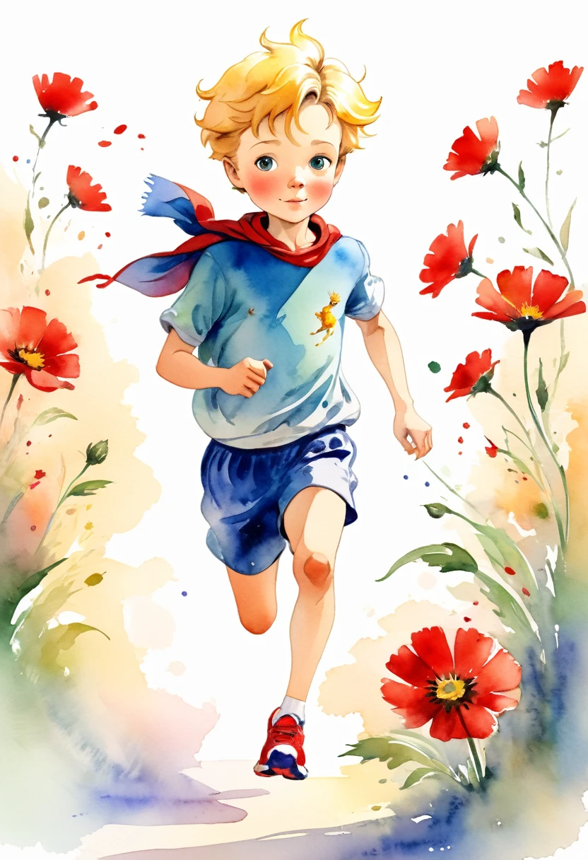 The Little Prince holding red flowers, sprinting, sports shoes, sports shorts, t-shirt the sport, watercolor style, The little prince, inspired by Antoine de Saint-Exupéry, watercolor style, vibrant colors
