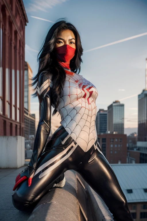 Cindy Moon, Silk, posing on a roof, wears a (black form-fitting spider-man bodysuit) with a sleek, textured (web-like white patterns), the suit covers her entire body, including her arms, legs, and torso, suit includes a (red spider emblem) on the chest, wears a (red mask) that covers her head, leaving only her eyes and mouth exposed, (long, flowing black hair), (full body render), (full body view), fine detail, hyper realistic, HD, 4K, definition, texture, perfect detail, perfect face, beautiful, hyperrealism, trending on artstation