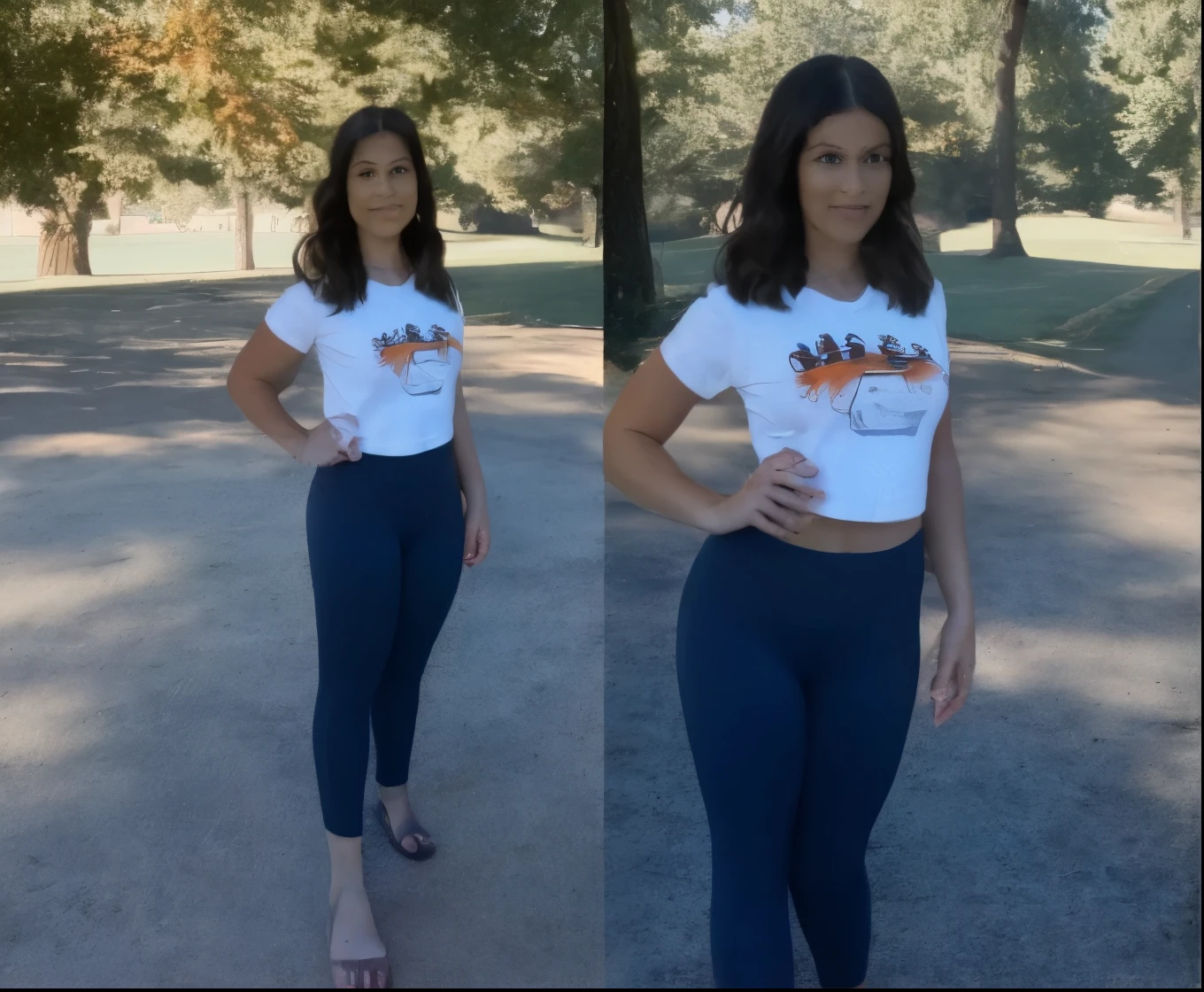 A young woman with auburn hair, full body shot wearing boho yoga pants and a cropped t-shirt