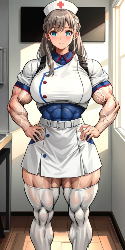 Girl,Muscular female,Muscular thighs,Muscular legs,Room,standing , Alternating muscle sizes, nurse uniform,Open mouth,white pantyhose