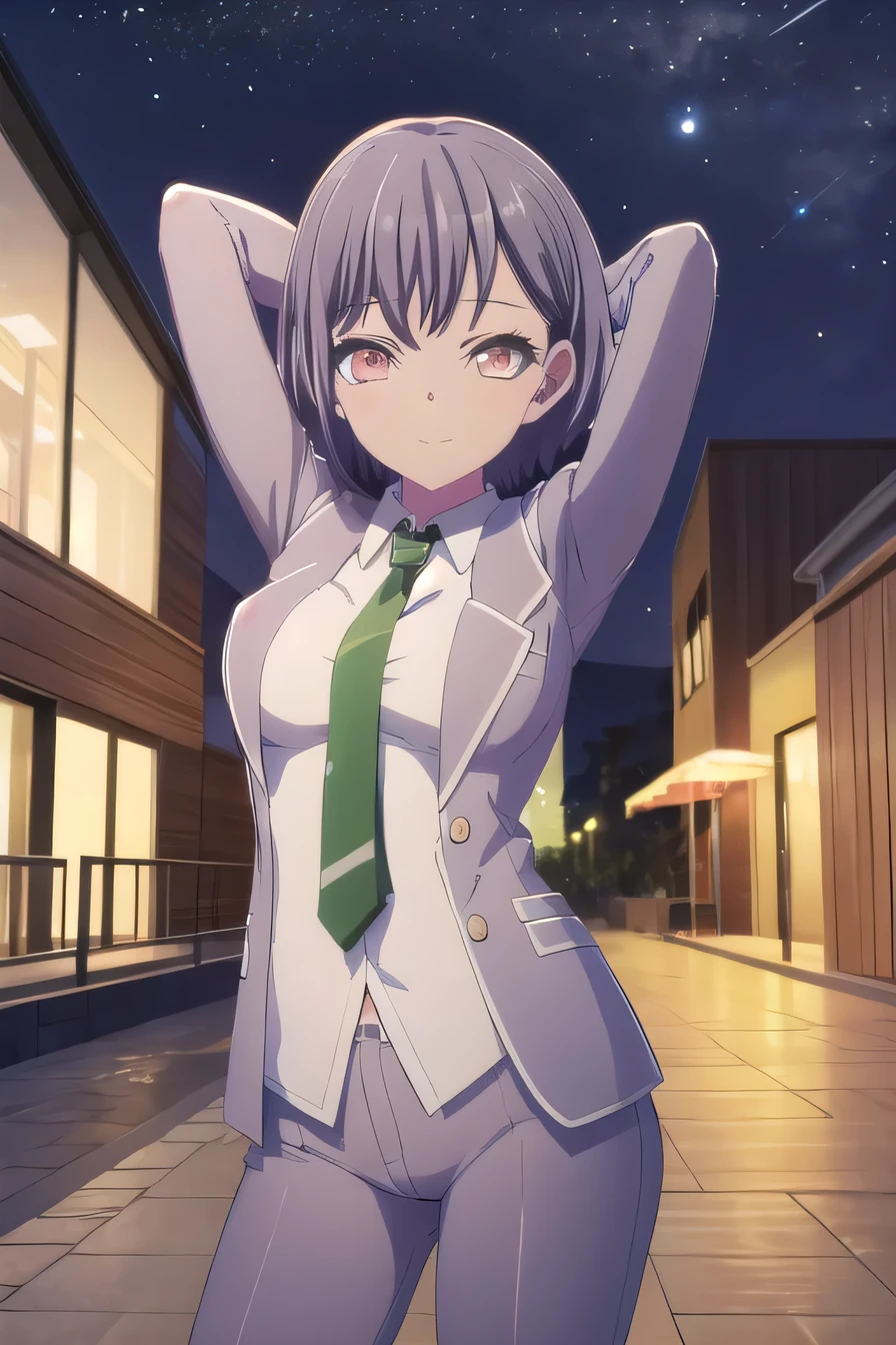 tomori takamatsu, solo, 1girl, looking at viewer, anime, anime coloring,  high quality, solo, 1girl, night sky, beach, arms behind head, (contrapposto), closed mouth, spread armpits, cowboy shot, looking at viewer, smile, nervous, best quality, blazer, necktie, smile