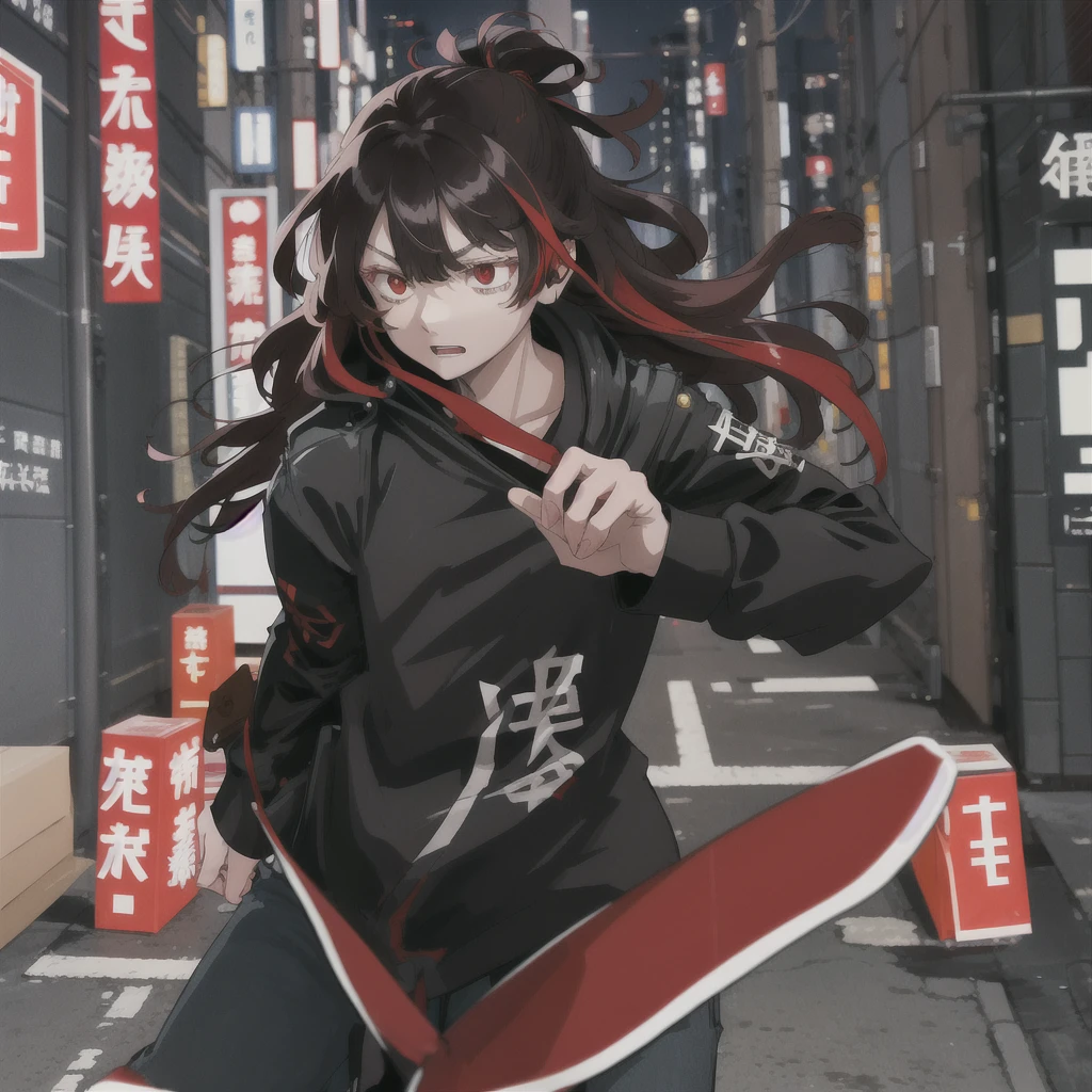 Tokyo Revengers screenshot. 16 year old girl, long straight black hair with red and white highlights and bangs. She has red eyes and has a serious expression, while she held a book in her hand. She is dressed in a black trench coat with urban details with white Japanese letters on the right sleeve, underneath she has a loose white t-shirt and baggy jeans, and she is wearing headphones. She is standing in an alley at night. Tokyo Revengers drawing style.