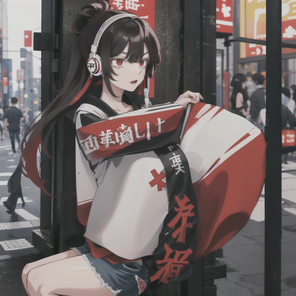 Tokyo Revengers screenshot. 16 year old girl, long straight black hair with red and white highlights and bangs. She has red eyes and has a serious expression, while she held a book in her hand. She is dressed in a black trench coat with urban details with white Japanese letters on the right sleeve, underneath she has a loose white t-shirt and baggy jeans, and she is wearing headphones. She is standing in an alley at night. Tokyo Revengers drawing style.