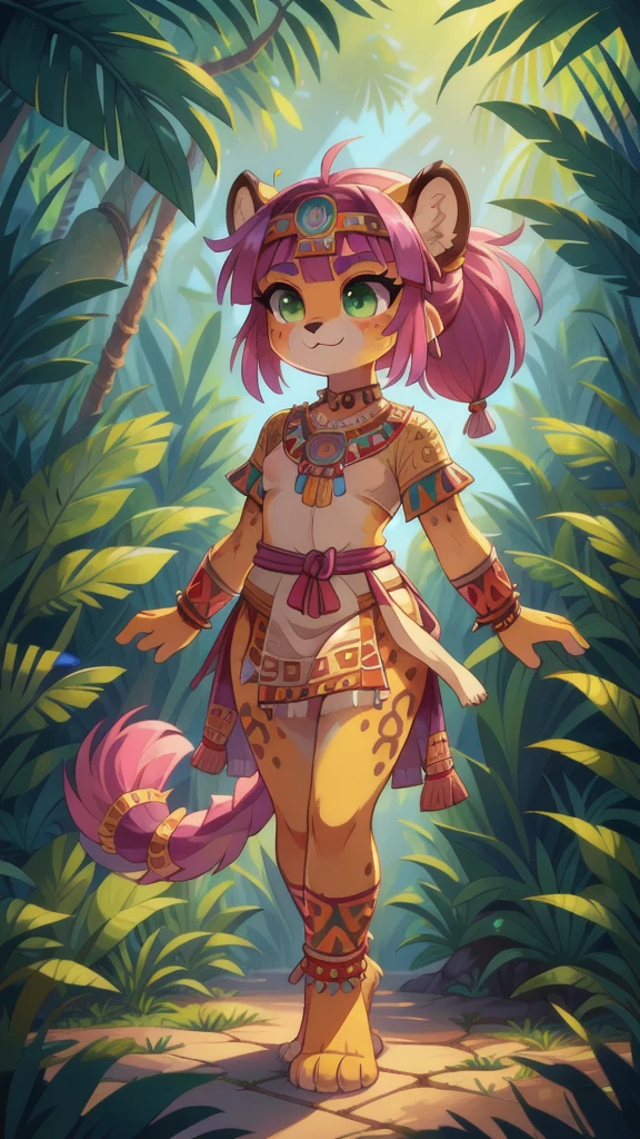 Furry girl, young, cheetah, pink hair, spiky hairstyle, short spiky ponytail, Green eyes, two tone body fur, yellow body fur, clear yellow body fur, small breasts, feets whit three toes, full body, :3, detailed body fur, detailed eyes, detailed face, glistering body, shiny body, gorgeous body, masterpiece, high quality, detailed shadows, detailed lighting, Colorful tribal Dress, headdress, thick eyelashes, Makeup, purple eyeshadow, medium Hair, Jungle, Jungle Detail Outdoor Background, Ref, Professional Lighting, ((aztec topwear, aztec bottomwear)), (Aztec, Aztec Girl:1.2), full body, feets with three toes, 3 toes,