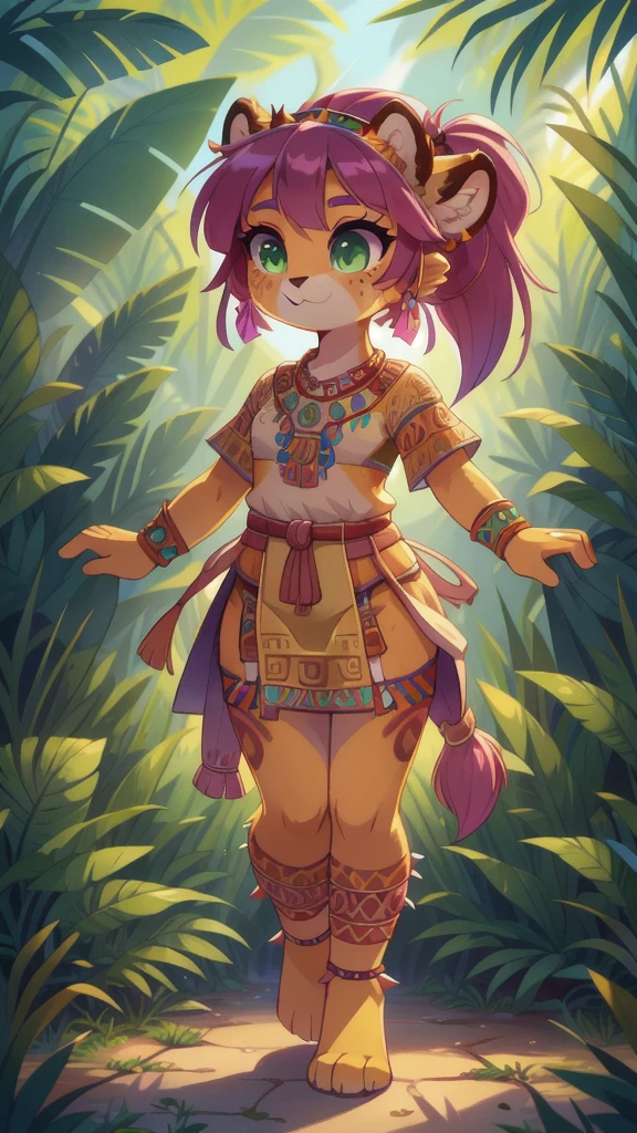 Furry girl, young, cheetah, pink hair, spiky hairstyle, short spiky ponytail, Green eyes, two tone body fur, yellow body fur, clear yellow body fur, small breasts, feets whit three toes, full body, :3, detailed body fur, detailed eyes, detailed face, glistering body, shiny body, gorgeous body, masterpiece, high quality, detailed shadows, detailed lighting, Colorful tribal Dress, headdress, thick eyelashes, Makeup, purple eyeshadow, medium Hair, Jungle, Jungle Detail Outdoor Background, Ref, Professional Lighting, ((aztec topwear, aztec bottomwear)), (Aztec, Aztec Girl:1.2), full body, feets with three toes, 3 toes,