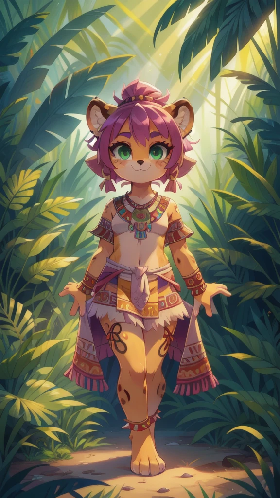 Furry girl, young, cheetah, pink hair, spiky hairstyle, short spiky ponytail, Green eyes, two tone body fur, yellow body fur, clear yellow body fur, small breasts, feets whit three toes, full body, :3, detailed body fur, detailed eyes, detailed face, glistering body, shiny body, gorgeous body, masterpiece, high quality, detailed shadows, detailed lighting, Colorful tribal Dress, headdress, thick eyelashes, Makeup, purple eyeshadow, medium Hair, Jungle, Jungle Detail Outdoor Background, Ref, Professional Lighting, ((aztec topwear,  aztec bottomwear)), (Aztec, Aztec Girl:1.2), full body, feets with three toes, 3 toes,