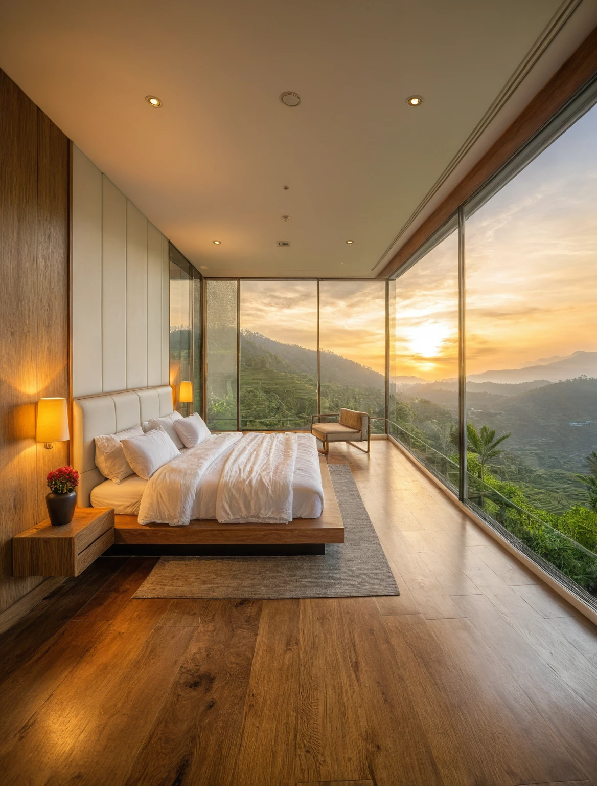 Raw photo,Masterpiece, high quality, best quality, authentic, super detail, interior, indoors, bedroom style tropical , view Mu Cang Chai's rice terraces , sunset, day light, bed, lamp, carpet, bedside cabinets, flower vase, wooden floor ,glass windows, downlight, armchair