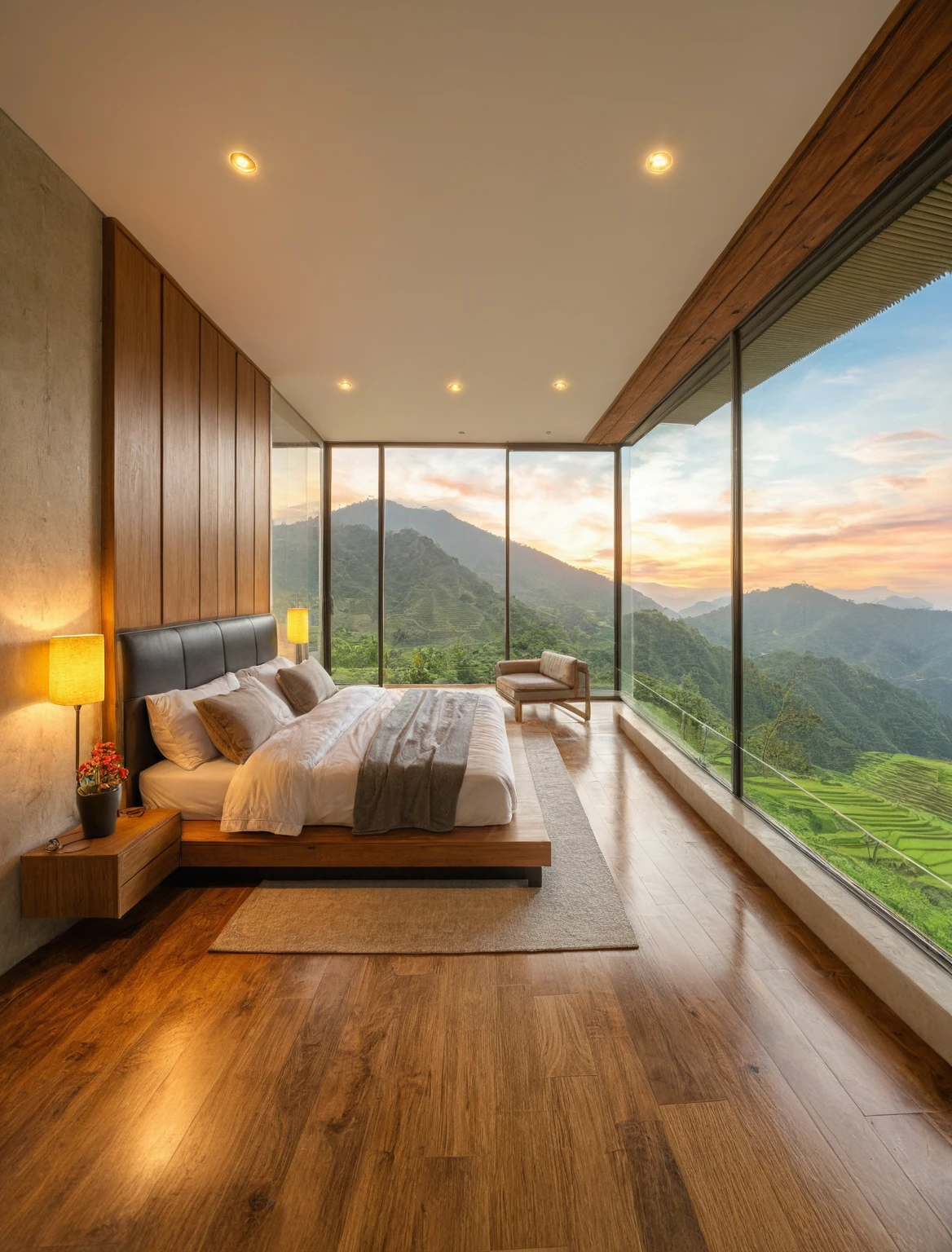 Raw photo,Masterpiece, high quality, best quality, authentic, super detail, interior, indoors, bedroom style tropical , view Mu Cang Chai's rice terraces  , sunset, day light, bed, lamp, carpet, bedside cabinets, flower vase, wooden floor ,glass windows, downlight, armchair 
