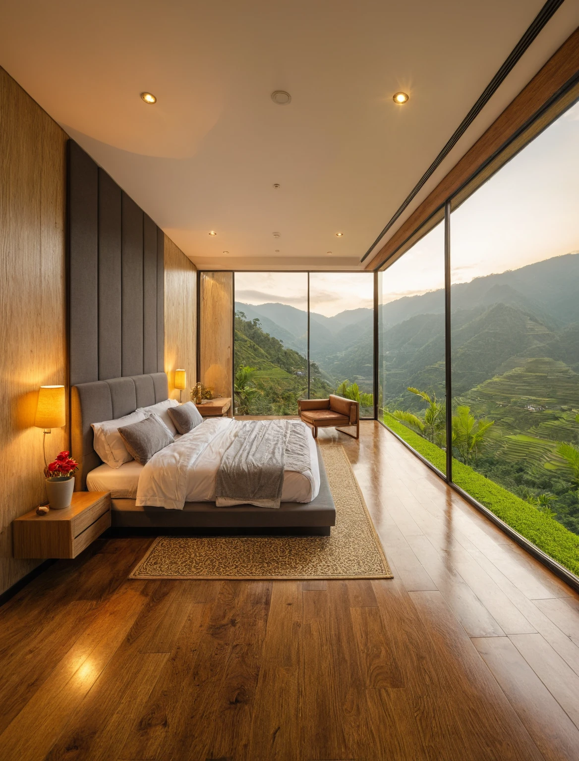 Raw photo,Masterpiece, high quality, best quality, authentic, super detail, interior, indoors, bedroom style tropical , view Mu Cang Chai's rice terraces , sunset, day light, bed, lamp, carpet, bedside cabinets, flower vase, wooden floor ,glass windows, downlight, armchair
