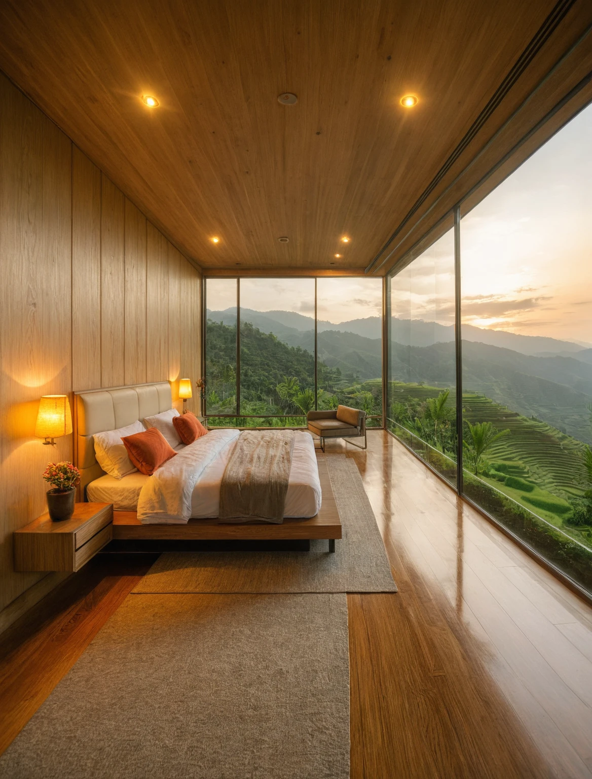 Raw photo,Masterpiece, high quality, best quality, authentic, super detail, interior, indoors, bedroom style tropical , view Mu Cang Chai's rice terraces  , sunset, day light, bed, lamp, carpet, bedside cabinets, flower vase, wooden floor ,glass windows, downlight, armchair 