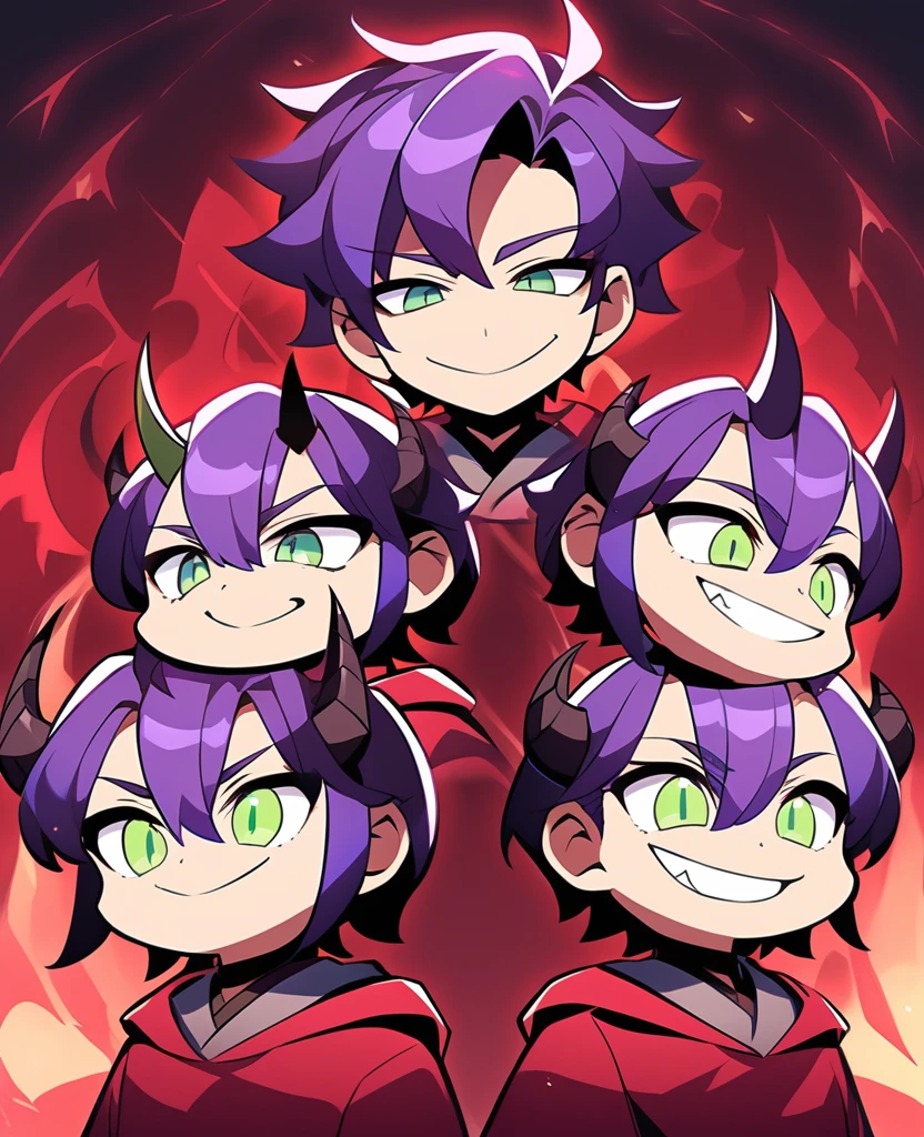 (fantasy_style:1.25), top-quality、((Deformed))、Boy with purple short hair、Green eyes、demonic horns、A smile、red cloak、Composition that reflects the whole body