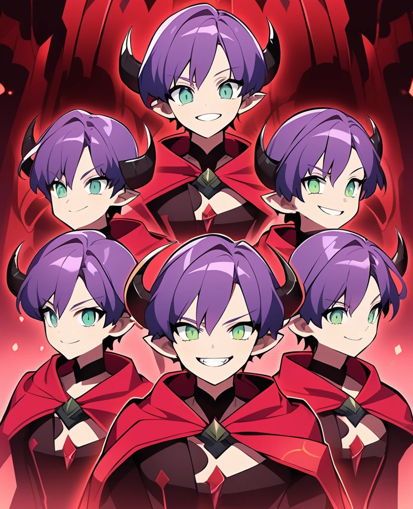 (fantasy_style:1.25), top-quality、((Deformed))、Boy with purple short hair、Green eyes、demonic horns、A smile、red cloak、Composition that reflects the whole body