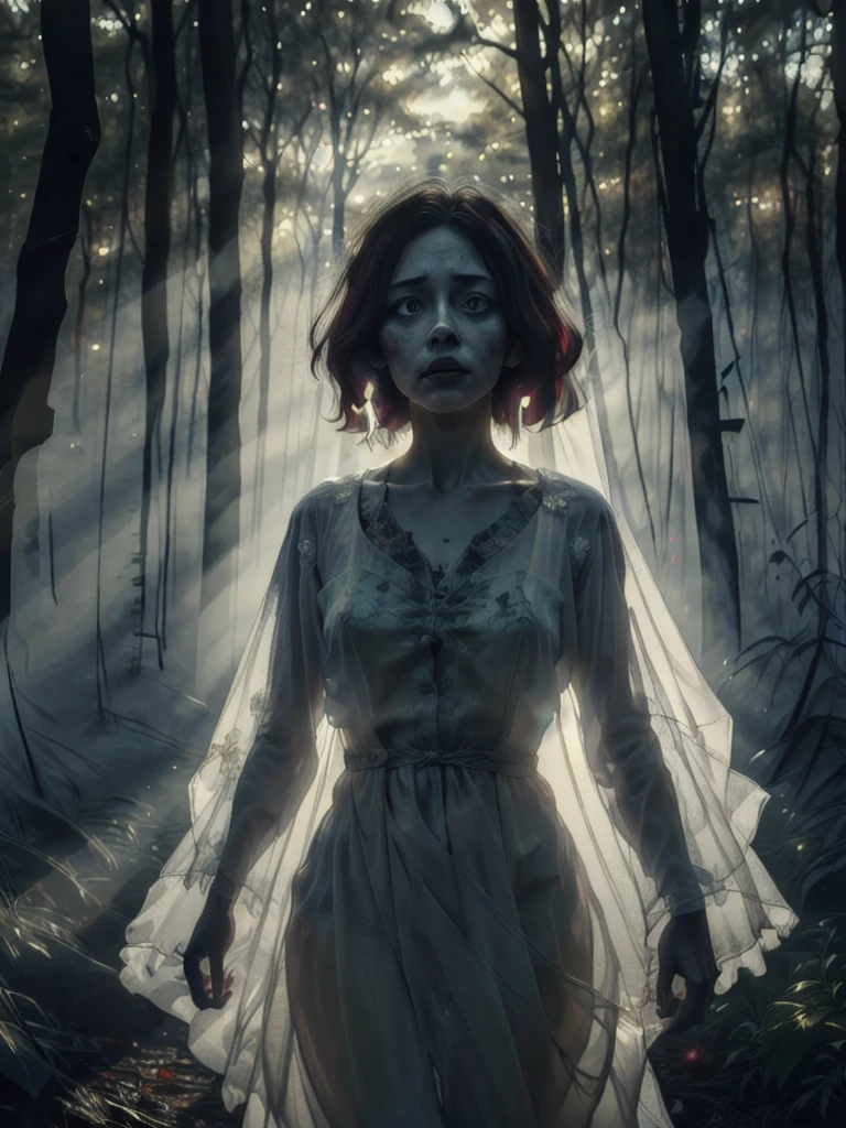 Portrait, Zombie (Bride:1.2) in a Creepy forest, floating, wedding dress, solo (ghost:0.8), shadows, dreary, (colorful ink painting:1.1), style of WLOP, colorful ink painting, detailed, sharp, HD, HDR, masterpiece, best quality, best resolution, splashscreen, cinematic lighting, depth of field, epic, dramatic, apocalyptic kitsch and psychedelia, elaborate mannequin, (dreamwave art:1.1), fine art, (intricate:1.1) dreamscape background, (rough oil paint:1.2), mysterious, ethereal, aesthetic, soft light