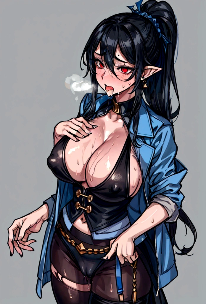 Chest tattoo,Blue black hair,Long Hair,Red eyes, Pointed Ears, Round earrings, Snow-white, ponytail, One-point Chest tattoo, Blue and black tattoo, bangs, Wearing a blue and black vest, black tights, 2 thin corners, The corners are black, My tights are torn, torn vest, Exposed nipples, Sweaty skin,rape,Pussy,Sex,big , Tattoo on cleavage, Sex addiction, Blue jacket, masterpiece, Highest quality, Very detailed、(Vulgar),日本人のSex依存症女性、Huge breasts,Sweaty skin,(Drooling:1.2),Orgasm juice,Vaginal discharge,women who are Sexually abused,Vulgar disco club ,Blowjob, how,Vulgar dance、throw,crowd,Raise the feces,1 Girl,(Sweaty chest:1.3)、Torn clothes