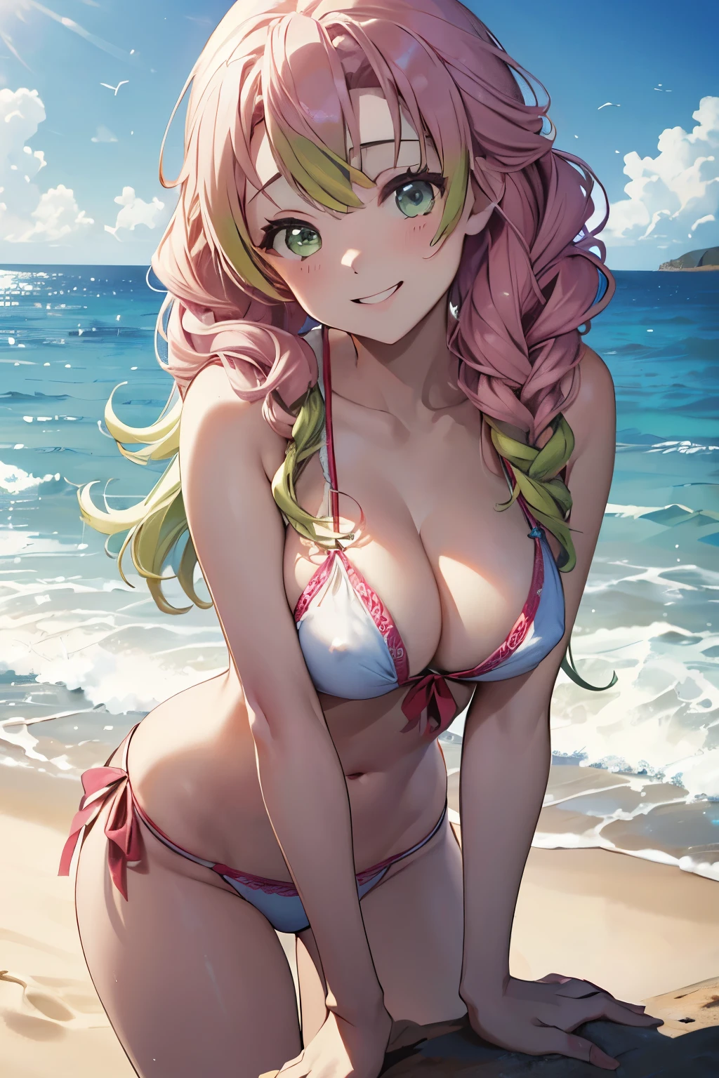 (8K、masterpiece、Highly detailed background、high resolution)、(Mitsuri Kanroji)、Cleavage、(beach、White Bikini、Swim ring、Gravure pose、Embarrassed smile、Nipple protrusion)