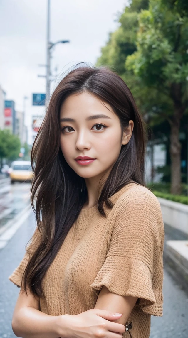 Dark brown hair、Light brown eyes、Japanese actress、 Lady、I am about 40 years old..、Hot Women, Natural Makeup、 ((quality, 8K, masterpiece: 1.3)), sharp: 1.2, Perfect Body Beauty: 1.4, ((Layered Hairstyles, small: 1.2)), No sleeve, High Leg, incision, We exhibited, smile, (Camel Toe: 1.1), (rain, Street: 1.2), Wet: 1.5, Highly detailed face and skin texture, Fine grain, Look at the side of the camera,