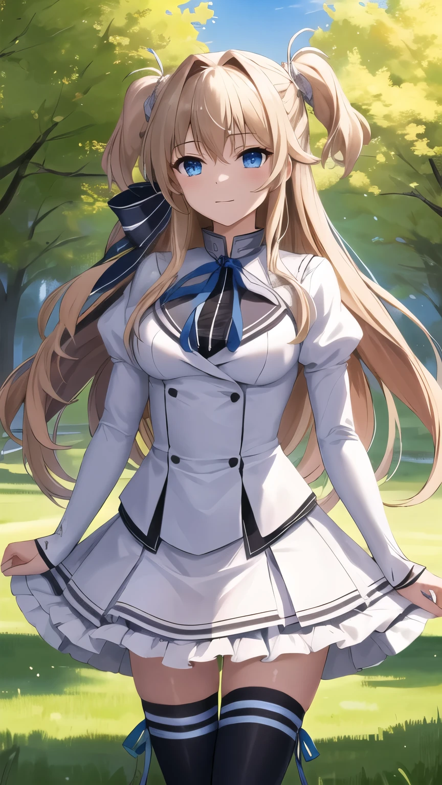 masterpiece, best quality, highres, 1girl, solo, long hair, blonde hair, two side up, (hair ribbon:1.1), blue eyes, neck ribbon, , white jacket, juliet sleeves, long sleeves, white skirt, thigh ribbon, black thighhighs, outdoors, cowboy shot, standing,