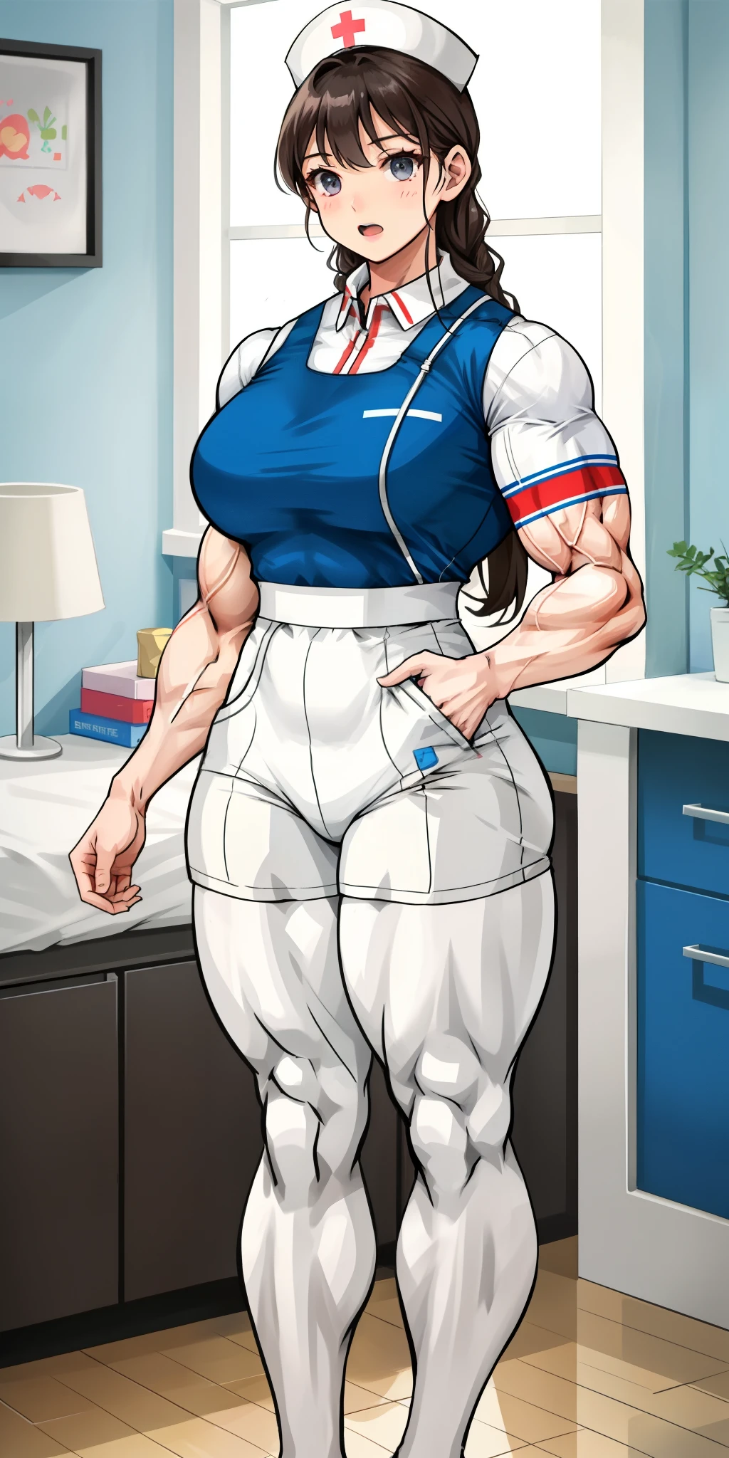Girl,Muscular female,Muscular thighs,Muscular legs,Room,standing , Alternating muscle sizes, nurse uniform,Open mouth,white pantyhose