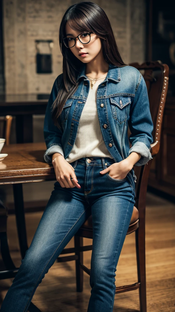 A cute Chinese girl with glasses, wearing tight jeans, sitting on a chair with legs crossed, highly detailed facial features, intricate clothing textures, cinematic lighting, moody atmosphere, photorealistic, 8k, masterpiece