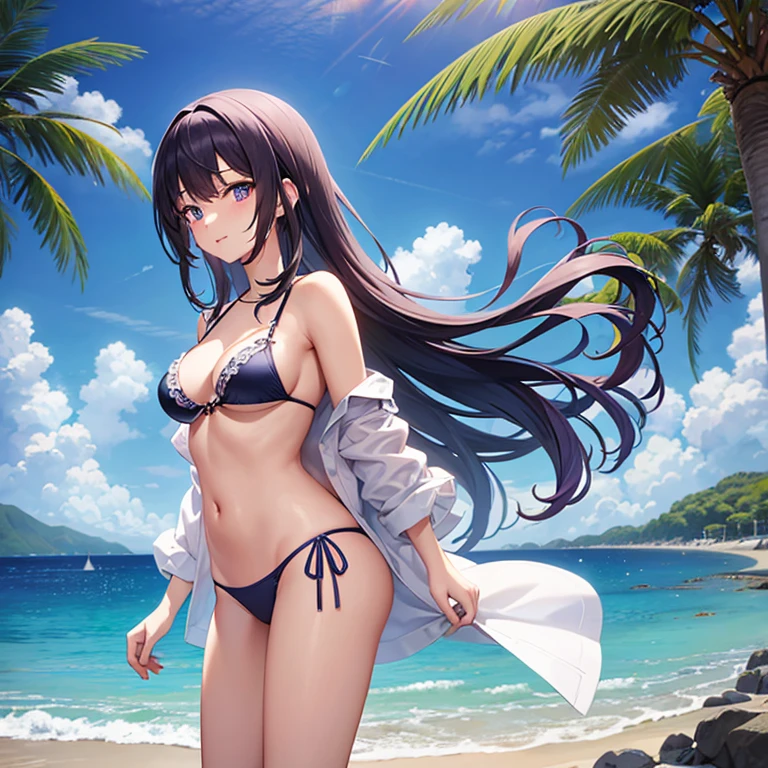 You will be able to create anime images of a 19-year-old woman, standing on the sand of the beach in Japan with few palm trees around on a starry night with few clouds. (Side photo). She measures 172cm and her measurements are B 60, W 30 and H 90; She has short, straight peridot hair, her eyes are purple jade, she has a flirtatious expression when she says something while doing a pose, she wears a white shirt with unbuttoned buttons, a blue triangular bra with flower edges, and colored bikini panties. blue and brown sandals.