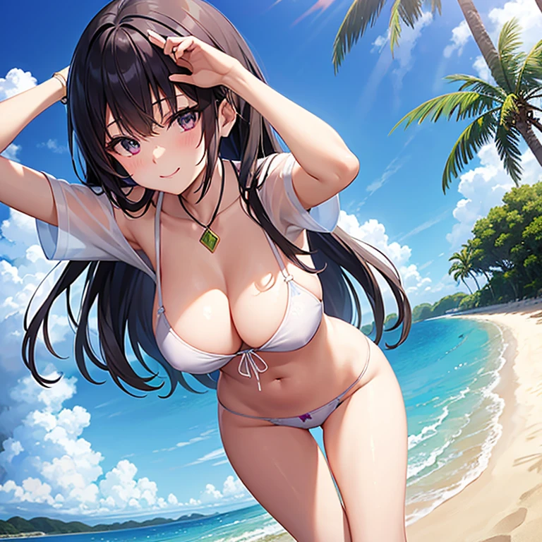 You will be able to create anime images of a 19-year-old woman, standing on the sand of the beach in Japan with few palm trees around on a starry night with few clouds. (Side photo). She measures 172cm and her measurements are B 60, W 30 and H 90; She has short, straight peridot hair, her eyes are purple jade, she has a flirtatious expression when she says something while doing a pose, she wears a white shirt with unbuttoned buttons, a blue triangular bra with flower edges, and colored bikini panties. blue and brown sandals.