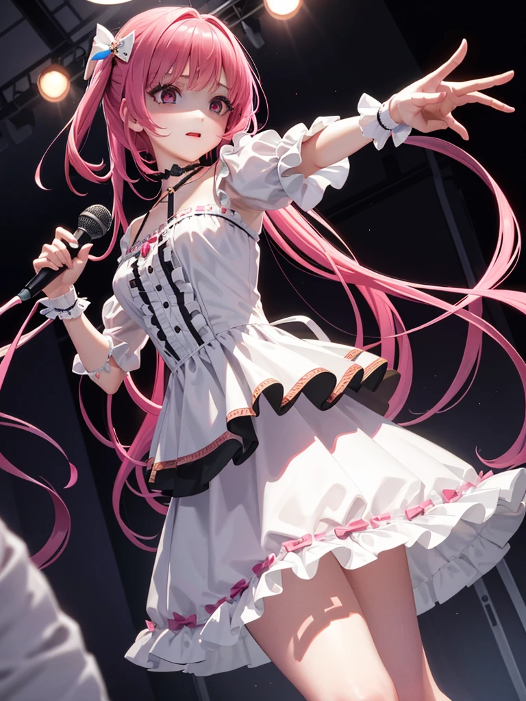 illustratio、Cinematic Light、hight resolution、best qualtiy、ultra-detailliert、A detailed face、(A detailed eye)、top-quality、ultra-detailliert、masterpiece, shadow in eyes、creepy mile、a choker、D-cups、high-heels、red eyes、pink hair color、Neon small shiny hair ends、a frilled miniskirt、AI Fantasy Concert、Shining lighting with neon details、Hold the microphone with your left hand and sing:15、(Live Stage:1.15)To the background audience、light reflections、lolita style