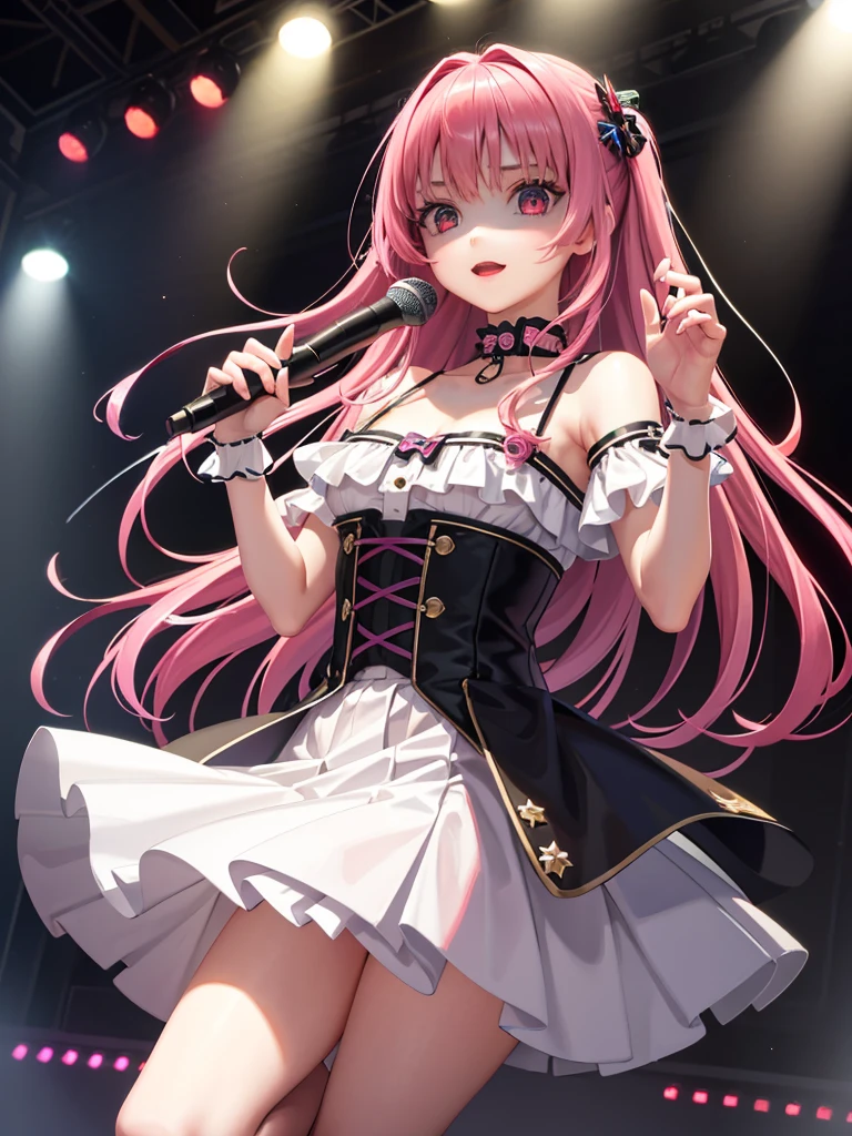 illustratio、Cinematic Light、hight resolution、best qualtiy、ultra-detailliert、A detailed face、(A detailed eye)、top-quality、ultra-detailliert、masterpiece, shadow in eyes、creepy mile、a choker、D-cups、high-heels、red eyes、pink hair color、Neon small shiny hair ends、a frilled miniskirt、AI Fantasy Concert、Shining lighting with neon details、Hold the microphone with your left hand and sing:15、(Live Stage:1.15)To the background audience、light reflections、lolita style