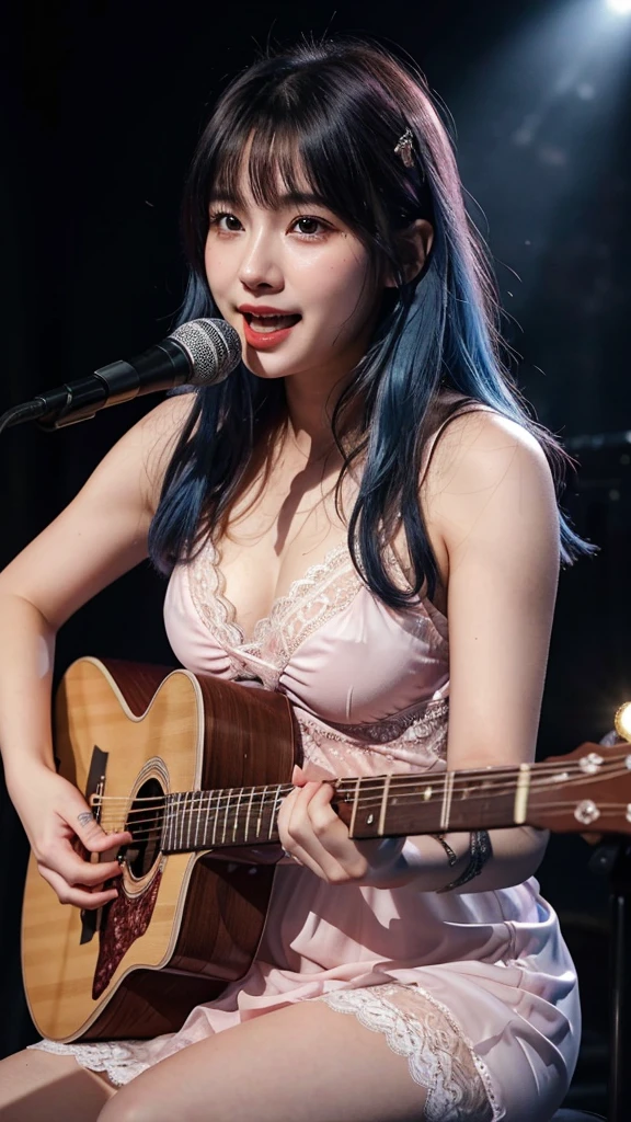 ((best quality)), photorealistic, photorealism, Photorealistic, high resolution, ((Wearing pink glamourous lace dress))、smile、A superb beauty、Super cute、ennui、Rare beauty、Very Short hair、Black Dark Eyeshadow、Sad、white skin、pale skin, Very short hair layered、Dark Gothic Makeup、Cute Smile、Fragrant beauty、Stained glass background、Mastepiece、Best Quality、Refers to 5 books、Sweat glistening on my chest、Sweat glistening on my face、Large breasts、Blue hair、Age 20 years old、Mysterious look、A sad expression、Blue Hair、Glamorous concert stage、enchanting castle、Sweating profusely all over the body、A lot of sweat and light on the thighs、Shiny thighs、Plenty of sweat glistening on the thighs、A large amount of sweat glistens on my thighs、Sweating profusely、Gal、Large breasts、Beautiful face、Alluring expression、Sitting、Sitting playing guitar、Open legs、Revealed panties、Thick thighs、Playing guitar、I have a guitar、Sing a song enthusiastically、Playing guitar in a band、Rock band、Playing guitar chords、Live House Background、Sing a song、Open your mouth、Live house scenery、Mic stand、Glamorous live stage、Dynamic Angle、cinematic lighting