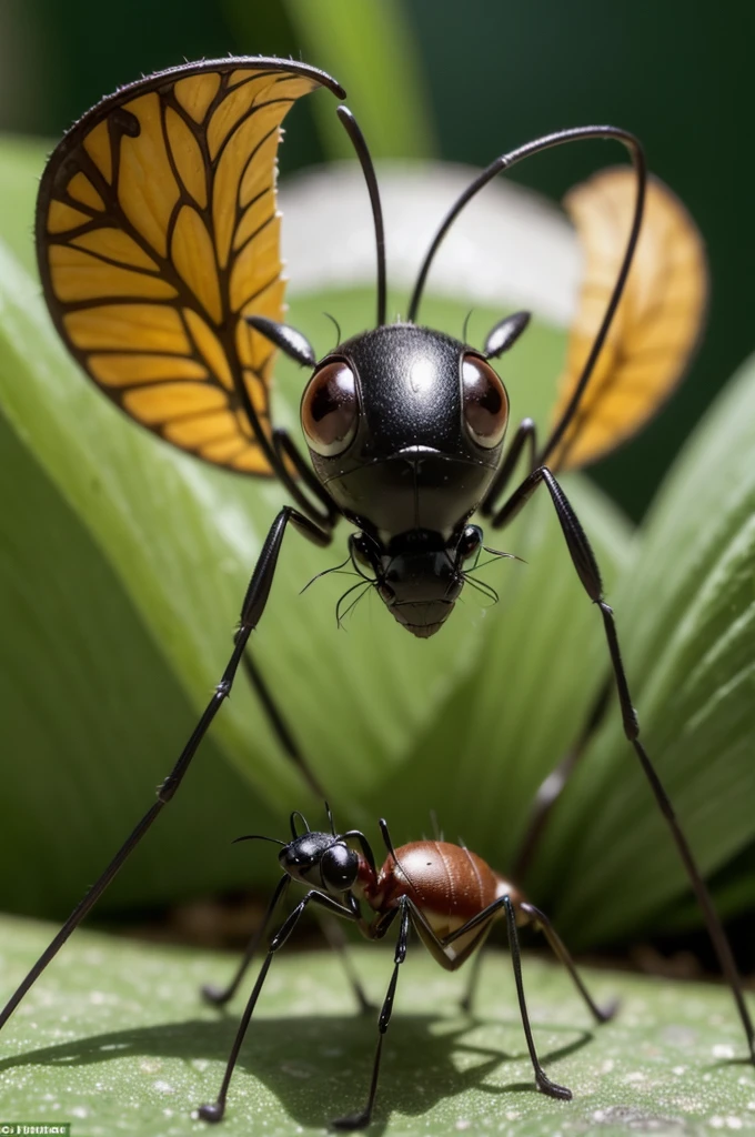A Pixar animation style image of an ant. The ant should be anthropomorphic with large, expressive eyes, a cheerful smile, and a friendly demeanor. It should have a shiny, black body with detailed, segmented legs and antennae. The background should be vibrant and colorful, resembling a lush garden with flowers, leaves, and tiny mushrooms. The scene should be bright and whimsical, with the ant possibly interacting with other small insects or exploring its environment.