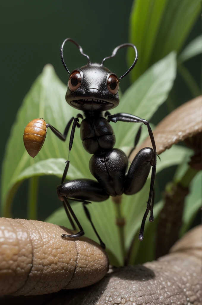 A Pixar animation style image of an ant. The ant should be anthropomorphic with large, expressive eyes, a cheerful smile, and a friendly demeanor. It should have a shiny, black body with detailed, segmented legs and antennae. The background should be vibrant and colorful, resembling a lush garden with flowers, leaves, and tiny mushrooms. The scene should be bright and whimsical, with the ant possibly interacting with other small insects or exploring its environment.