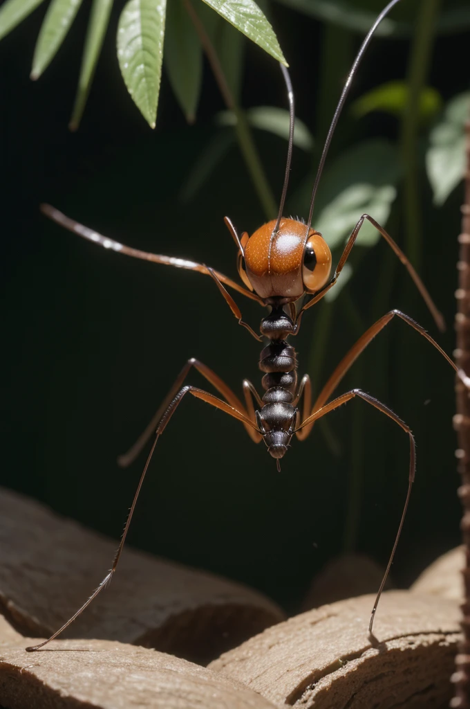 A Pixar animation style image of an ant. The ant should be anthropomorphic with large, expressive eyes, a cheerful smile, and a friendly demeanor. It should have a shiny, black body with detailed, segmented legs and antennae. The background should be vibrant and colorful, resembling a lush garden with flowers, leaves, and tiny mushrooms. The scene should be bright and whimsical, with the ant possibly interacting with other small insects or exploring its environment.