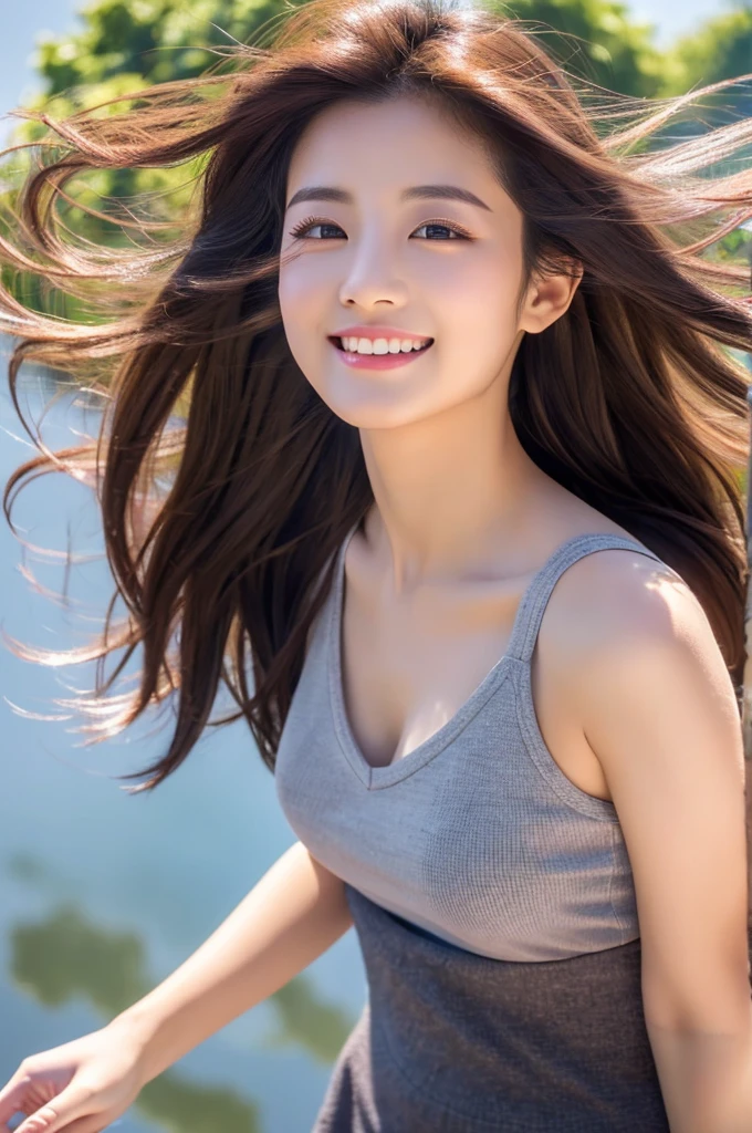 8K Super Resolution、Beauty、One Woman、Dark Brown Hair:1.1、Highly detailed face、Lips detail、important、(Eyes meet)、double eyelid、Princess Eyes、Beautiful Japanese Women、Beautiful Japanese Women、Sensual lips、Bewitching body、20th Generation、(21 years old)、far and near method、 Realistic Japanese women、Wearing a super realistic detailed tank top and mini skirt、Hair blowing in the wind、I can see your chest、Crisp images、The delicate sparkle of the eyes、Ultra-realistic detailed park with river、color々Hair style、Smiling with a nice smile、There is a thick fog in the background、Fantastic landscape、