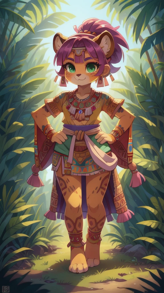 Furry girl, young, cheetah, pink hair, spiky hairstyle, short spiky ponytail, Green eyes, two tone body fur, yellow body fur, clear yellow body fur, small breasts, feets whit three toes, full body, :3, detailed body fur, detailed eyes, detailed face, glistering body, shiny body, gorgeous body, masterpiece, high quality, detailed shadows, detailed lighting, Colorful tribal Dress, headdress, thick eyelashes, Makeup, purple eyeshadow, medium Hair, Jungle, Jungle Detail Outdoor Background, Ref, Professional Lighting, ((aztec topwear, aztec bottomwear)), (Aztec, Aztec Girl:1.2), full body, feets with three toes, 3 toes, looking at you, hands on hips,