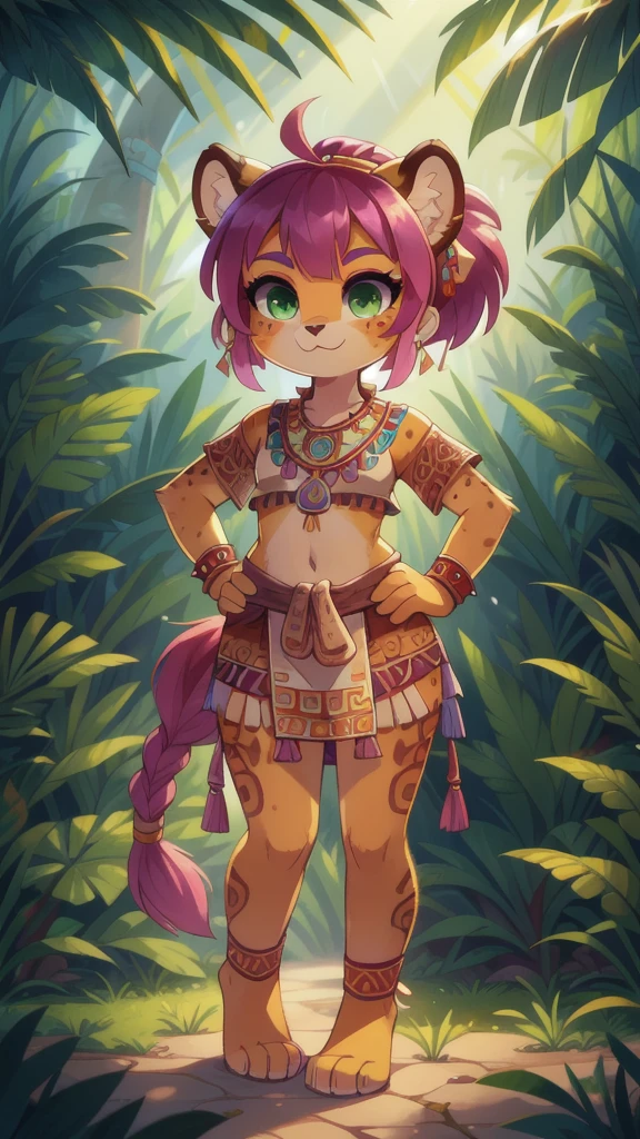 Furry girl, young, cheetah, pink hair, spiky hairstyle, short spiky ponytail, Green eyes, two tone body fur, yellow body fur, clear yellow body fur, small breasts, feets whit three toes, full body, :3, detailed body fur, detailed eyes, detailed face, glistering body, shiny body, gorgeous body, masterpiece, high quality, detailed shadows, detailed lighting, Colorful tribal Dress, headdress, thick eyelashes, Makeup, purple eyeshadow, medium Hair, Jungle, Jungle Detail Outdoor Background, Ref, Professional Lighting, ((aztec topwear, aztec bottomwear)), (Aztec, Aztec Girl:1.2), full body, feets with three toes, 3 toes, looking at you, hands on hips,