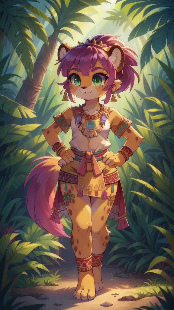 Furry girl, young, cheetah, pink hair, spiky hairstyle, short spiky ponytail, Green eyes, two tone body fur, yellow body fur, clear yellow body fur, small breasts, feets whit three toes, full body, :3, detailed body fur, detailed eyes, detailed face, glistering body, shiny body, gorgeous body, masterpiece, high quality, detailed shadows, detailed lighting, Colorful tribal Dress, headdress, thick eyelashes, Makeup, purple eyeshadow, medium Hair, Jungle, Jungle Detail Outdoor Background, Ref, Professional Lighting, ((aztec topwear,  aztec bottomwear)), (Aztec, Aztec Girl:1.2), full body, feets with three toes, 3 toes, looking at you, hands on hips,